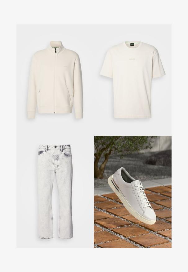 Chaqueta cremosa con cremallera y cuello alzado, mangas largas, bolsillos laterales y un discreto logo de "BOSS" en el lado izquierdo del pecho.; BOSS TEE - Camiseta básica - open white; Vaqueros de mezclilla blanca con un acabado desgastado, diseño de pierna recta y acentos oscuros contrastantes en los bolsillos. Cuenta con un cierre de botón y cremallera.; Zapatilla de cuero blanco con punta redonda, cordones en la parte delantera, suela de goma crema y detalle en tono marrón. La superficie texturizada muestra un diseño minimalista.