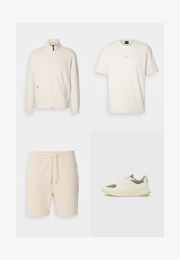 Jachetă crem cu fermoar, cu guler înalt, mâneci lungi, buzunare laterale și logo-ul subtil "BOSS" pe pieptul stâng.; BOSS TEE - Tricou basic - open white; Pantaloni scurți de culoare crem, confecționați dintr-un material texturat. Prezintă un cordon elastic la talie și buzunare laterale. Etichetă mică pe margine.; Tenis sportivi alb și bej deschis, cu un înveliș din plasă, detalii perforate și o talpă intermediară texturată, având marcaj pe călcâi.