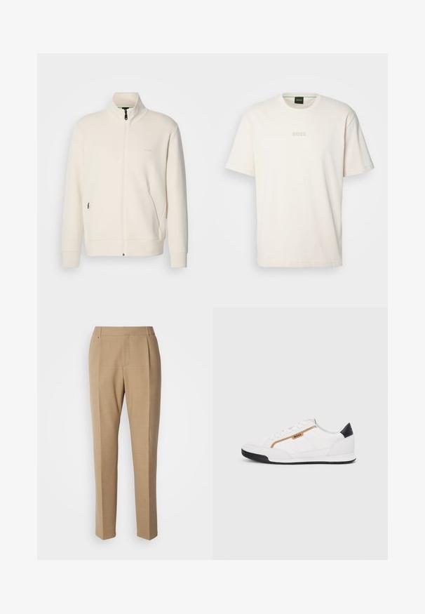 Off-white zip-up jacka med ståkrage, långa ärmar, sidofickor och subtil "BOSS"-logotyp på vänster bröst.; BOSS TEE - T-shirt - bas - open white; Kaki skräddarsydda byxor med platt fram, raka ben, subtil textur och två framfickor. Har en elegant, minimalistisk design.; Vita sportskor i vitt med inslag av nät och läder. Har en gyllene "BOSS"-logotyp, texturerade sidopaneler och en svart hälkap. Gummisula.