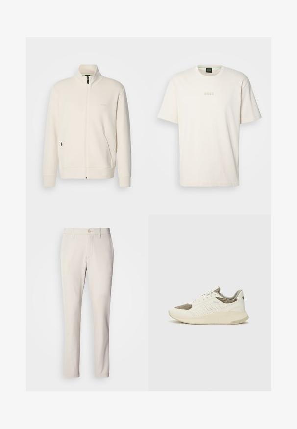 Casaco com fecho éclair em tom off-white, com colarinho elevado, mangas longas, bolsos laterais e um discreto logótipo "BOSS" no lado esquerdo do peito.; BOSS TEE - T-shirt básica - open white; Calças bege com um corte slim, apresentando fecho frontal por botão, design plano à frente e corte reto, feitas de um tecido suave em mistura de algodão.; Sapatilha atlética branca e bege claro, com parte superior em malha, detalhes perfurados e uma entressola texturizada com marcação no calcanhar.