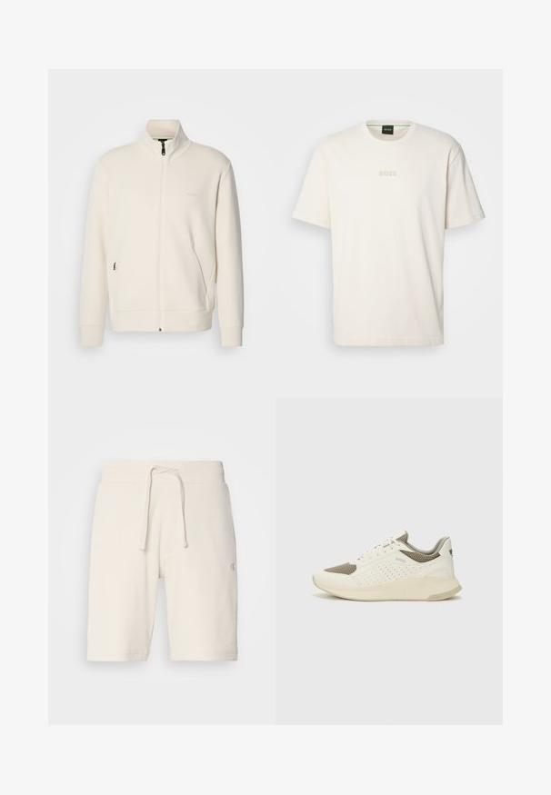 Off-white zip-up jakke med stående krage, lange ermer, sidelommer og diskré "BOSS" logo på venstre bryst.; BOSS TEE - T-shirts - open white; Hvite, teksturerte shorts laget av ribbestrikket stoff, med elastisk midjebånd og snøring samt sidelommer. Diskret merking på beinet.; Hvit og lysebeige treningssko, med en mesh-overdel, perforerte detaljer og en teksturert mellomsåle med merkevare på hælen.