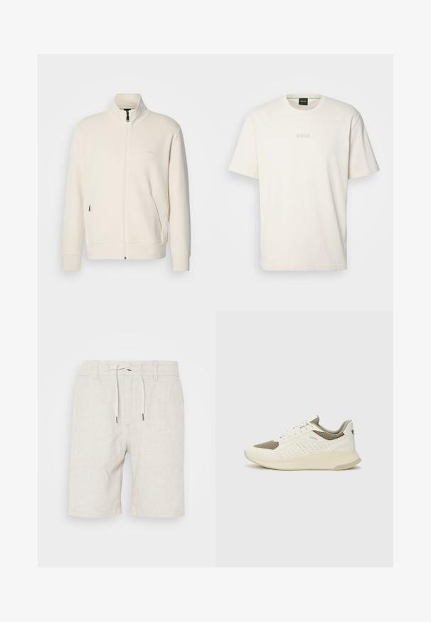 Krémová bunda na zips so stojatým golierom, dlhými rukávmi, bočnými vreckami a jemným logom "BOSS" na ľavej hrudi.; BOSS TEE - Základné tričko - open white; Ľanové šortky vo svetlo béžovej farbe s nastaviteľným pásom a šnúrkou. Majú voľný strih a obrúbené okraje pre pohodlie.; Biele a svetlo béžové športové tenisky s hornou časťou z mriežkového materiálu, perforovanými detailmi a textúrovanou medzipodrážkou s logom na päte.