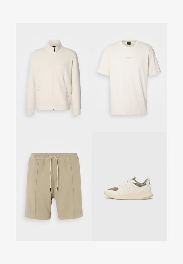 Off-white zip-up jakna s stoječim ovratnikom, dolgimi rokavi, stranskimi žepi in subtilnim logotipom "BOSS" na levem prsnem delu.; BOSS TEE - Navadna majica - open white; Bež hlače iz teksturiranega blaga, z elastičnim pasom in vrvico ter dvema stranskima šivoma. Preprost design, brez vidnih vzorcev.; Beli in svetlo bež športni copat, s mrežastim zgornjim delom, perforiranimi detajli in teksturirano srednjim delom z blagovno znamko na peti.