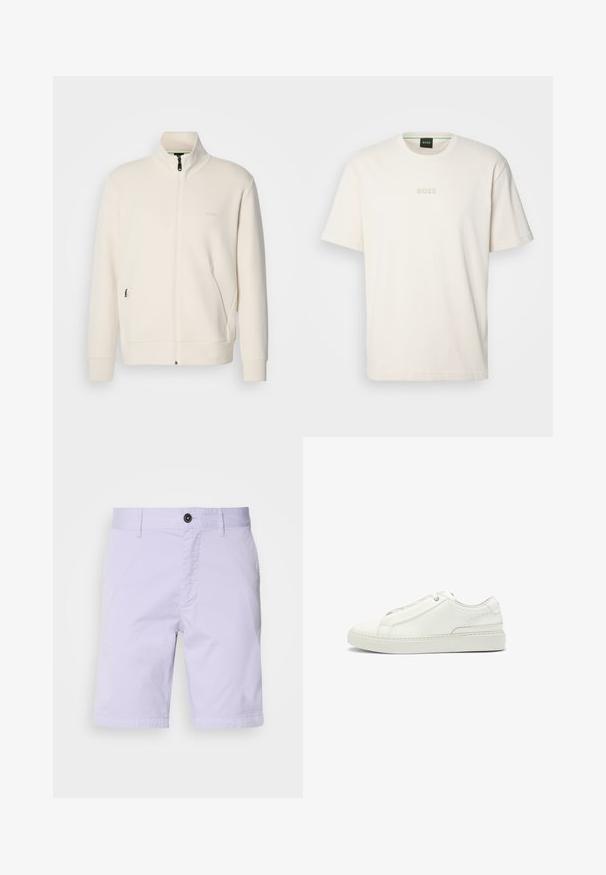 Valkoinen vetoketjullinen takki, jossa on pystykaulus, pitkät hihat, sivutaskut ja huomaamaton "BOSS"-logo vasemmassa rinnassa.; BOSS TEE - T-paita - open white; Vaaleanlaventelit shortsit puuvillasekoitteesta, joissa on tasainen etuosa, nappisulku, kaksi sivutaskua ja suora helma.; Valkoinen nahkakenkä, jossa on teksturoitu yläosa, pyöreä kärki, minimalistinen muotoilu ja kumipohja, jossa on ommeltu yksityiskohta.