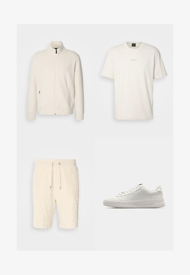 Off-white zip-up jakna s stoječim ovratnikom, dolgimi rokavi, stranskimi žepi in subtilnim logotipom "BOSS" na levem prsnem delu.; BOSS TEE - Navadna majica - open white; Kremne kratke hlače iz teksturiranega materiala z elastičnim pasom in stranskimi žepi, v srednji dolžini do stegen.; Bele superge z gladkim usnjem, okroglo konico, vezalni sistem in debelim gumijastim podplatom. Diskreten logotip na strani.