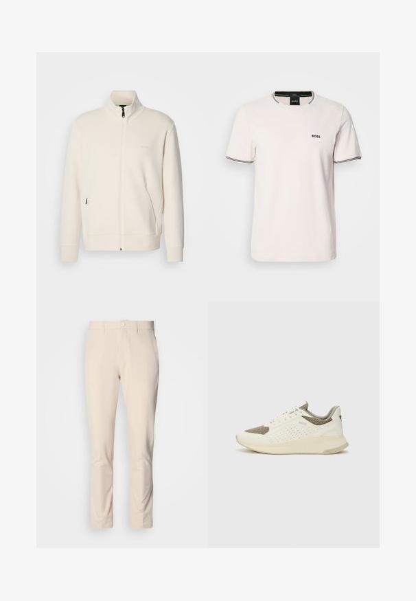 Off-white zip-up jakke med stående krage, lange ermer, sidelommer og diskré "BOSS" logo på venstre bryst.; Lyserød T-shirt lavet af bomuld. Rund hals med kontrasterende, sort ribkant. Lille sort "BOSS"-logo på brystet. Korte ærmer.; Beige slim-fit bukser med knaplukning, bæltestropper og forlommer, vist på hvid baggrund.; Hvit og lysebeige treningssko, med en mesh-overdel, perforerte detaljer og en teksturert mellomsåle med merkevare på hælen.
