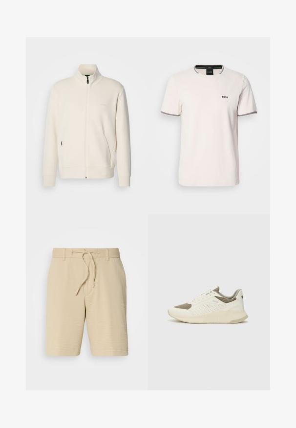 Oficialiai balta zip-up striukė su stovinčia apykakle, ilgomis rankovėmis, šoninėmis kišenėmis ir subtiliu "BOSS" logotipu kairėje krūtinės pusėje.; Šviesiai rožinė medvilninė marškinėliai. Apvalus kaklas su kontrastingu juodu ribotu apvaduku. Mažas juodas "BOSS" logotipas ant krūtinės. Trumpomis rankovėmis.; Smėlio spalvos šortai iš tekstūruotos medžiagos, su elastinga juostele ir raišteliu, bei šoninėmis kišenėmis funkcionalumui.; Baltas ir šviesiai bežinis sportinis kedas, su tinklo viršumi, perforuotais detalėmis ir tekstūruotu tarpine su logotipu ant kulno.