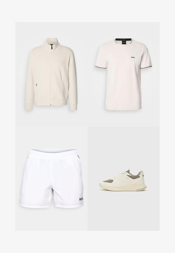 Ζακέτα σε off-white απόχρωση με κλείσιμο φερμουάρ, όρθιο γιακά, μακριά μανίκια, πλάγιες τσέπες και διακριτό λογότυπο "BOSS" στο αριστερό στήθος.; Ροζ t-shirt από βαμβάκι. Στρογγυλή λαιμόκοψη με αντιθετική μαύρη ριμπ ταινία. Μικρό μαύρο λογότυπο "BOSS" στο στήθος. Κοντά μανίκια.; Λευκές μαγιό σορτς με ελαστική μέση, διαθέτοντας το μαύρο λογότυπο "BOSS" στη κάτω δεξιά πλευρά, κατασκευασμένες από ελαφρύ, απαλό υλικό.; Λευκό και ανοιχτό μπεζ αθλητικό παπούτσι, με επάνω μέρος από διχτυωτό υλικό, διακοσμήσεις με περφορέ και υφή στην ενδιάμεση σόλα με επωνυμία στη φτέρνα.