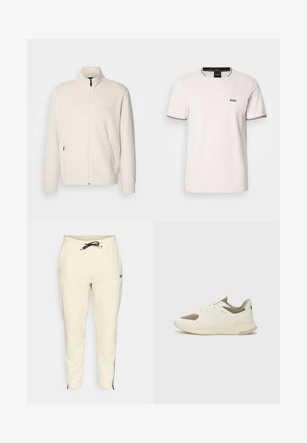 Krémová bunda na zips so stojatým golierom, dlhými rukávmi, bočnými vreckami a jemným logom "BOSS" na ľavej hrudi.; Světle růžové tričko vyrobené z bavlny. Kulatý výstřih s kontrastním černým žebrovaným lemem. Malé černé logo "BOSS" na hrudi. Krátké rukávy.; Svetlo béžové jogger nohavice s elastickým pásom a šnúrkou, ktoré majú bočné vrecká a zips na manžetách pre zúžený strih.; Biele a svetlo béžové športové tenisky s hornou časťou z mriežkového materiálu, perforovanými detailmi a textúrovanou medzipodrážkou s logom na päte.