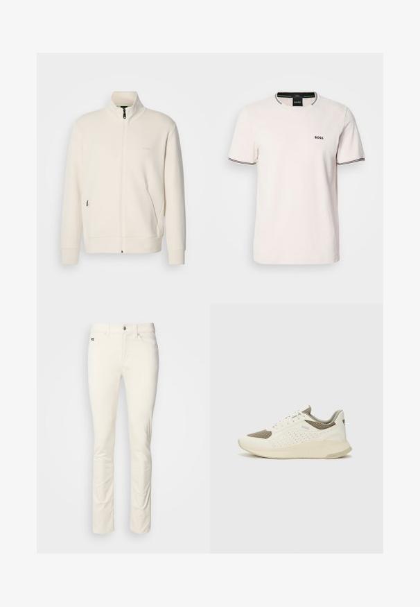 Jakna boje off-white s patentnim zatvaračem, stajaćim ovratnikom, dugim rukavima, bočnim džepovima i suptilnim logotipom "BOSS" na lijevoj strani prsnog koša.; Svijetloružičasta majica od pamuka. Okrugli izrez s kontrastnim crnim rebrastim detaljem. Mali crni logotip "BOSS" na prsima. Kratki rukavi.; Bijele hlače ravnog kroja izrađene od glatkog pamuka. Imaju zatvaranje na dugme, petlje za remen i prednje džepove. Minimalistički dizajn bez uzoraka.; Bijele i svijetlosmeđe sportske tenisice, sa mrežastim gornjim dijelom, perforiranim detaljima i teksturiranim međutrakom sa brendom na peti.