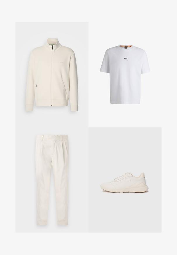 Kurtka zapinana na zamek w kolorze off-white z stójką, długimi rękawami, bocznymi kieszeniami oraz subtelnym logo "BOSS" na lewej piersi.; Biała bawełniana koszulka z krótkim rękawem, z czarnym logo "BOSS" umieszczonym na środku klatki piersiowej oraz okrągłym dekoltem.; Białe, plisowane spodnie o dopasowanym kroju, z gładką fakturą, szlufkami na pasek i zwężanymi nogawkami. Brak widocznych kieszeni lub wzorów.; Białe sneakersy wykonane z teksturowanego materiału, z gładką podeszwą, sznurowanym przodem i dyskretnym logo na pięcie. Minimalistyczny design.