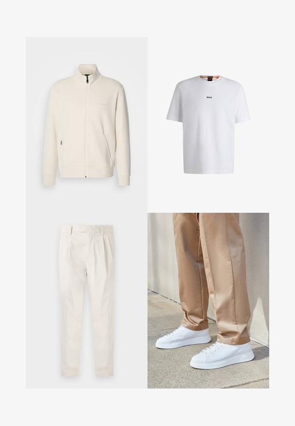 Jakna boje off-white s patentnim zatvaračem, stajaćim ovratnikom, dugim rukavima, bočnim džepovima i suptilnim logotipom "BOSS" na lijevoj strani prsnog koša.; Bijela pamučna majica kratkih rukava, s crnim logotipom "BOSS" centriranim na prsima i okruglim izrezom.; Bijele, naborane hlače s krojem po mjeri, koje imaju glatku teksturu, petlje za pojas i sužene nogavice. Nema vidljivih džepova ili uzoraka.; Bijele kožne tenisice s glatkom završnom obradom, okruglim prstima, bijelim vezicama i minimalističkim dizajnom. Uparene s svijetlosmešanjim, suženim hlačama.