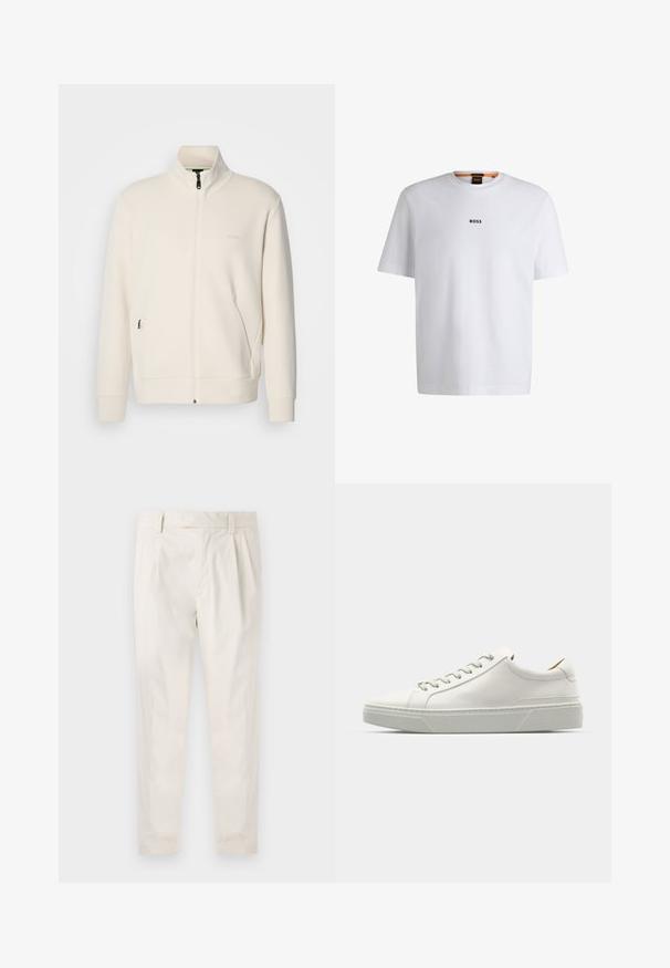Casaco com fecho éclair em tom off-white, com colarinho elevado, mangas longas, bolsos laterais e um discreto logótipo "BOSS" no lado esquerdo do peito.; T-shirt de algodão branca com mangas curtas, apresentando um logo preto "BOSS" centrado no peito e um design de gola redonda.; Calças brancas pregueadas com um corte ajustado, apresentando uma textura suave, passantes de cinto e pernas afuniladas. Sem bolsos visíveis ou padrões.; Sapatilhas de couro branco com bico arredondado, design minimalista, atacadores cinzentos e sola de borracha cinza texturizada. Detalhes de costura subtis visíveis.