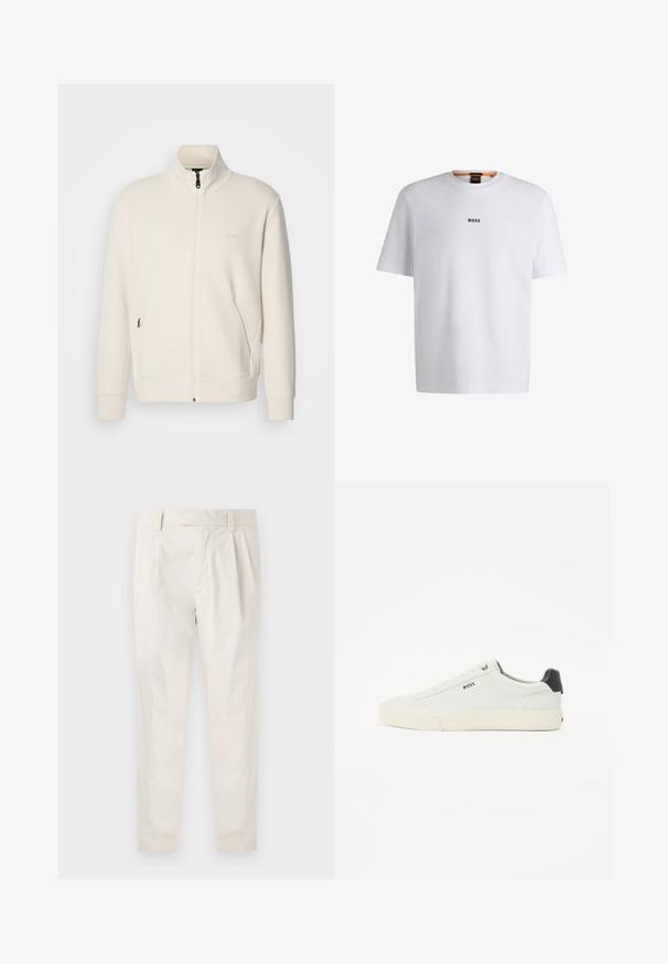 Off-white zip-up jack met staande kraag, lange mouwen, zijzakken en een subtiele "BOSS" logo op de linkerborst.; Witte katoenen T-shirt met korte mouwen, voorzien van een zwart "BOSS"-logo in het midden van de borst en een ronde halsontwerp.; Witte, geplooide broeken met een getailleerde pasvorm, met een gladde textuur, riemlussen en taps toelopende benen. Geen zichtbare zakken of patronen.; Witte leren sneaker met een gestructureerde afwerking, met een zwarte hakbescherming, ronde neus en een zwart logo aan de zijkant. Lichtgewicht rubberen zool.