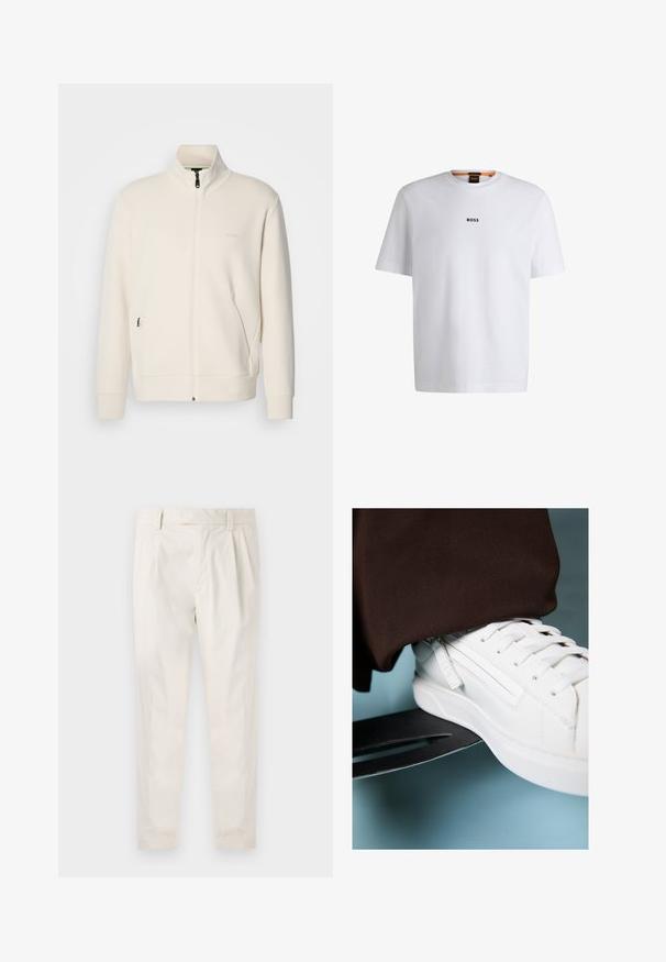 Krémová bunda na zips so stojatým golierom, dlhými rukávmi, bočnými vreckami a jemným logom "BOSS" na ľavej hrudi.; Biela bavlnená tričko s krátkymi rukávmi, na prednej strane so stredne umiestneným čiernym logom "BOSS" a okrúhlym výstrihom.; Biele plisované nohavice s prispôsobeným strihom, s hladkou textúrou, pútkami na opasok a zúženými nohavicami. Žiadne viditeľné vrecká ani vzory.; Biele kožené tenisky s textúrovaným povrchom, plochými šnúrkami a bočným brandingom, umiestnené na kovovom skejtoch na modrom pozadí.