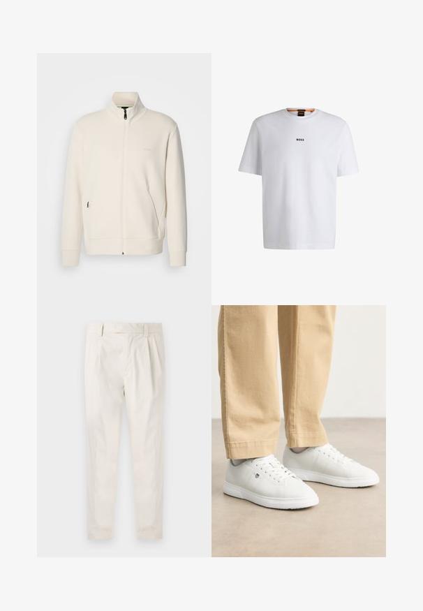 Giacca zip-up bianco sporco con colletto alto, maniche lunghe, tasche laterali e sottile logo "BOSS" sul lato sinistro del petto.; T-shirt bianco in cotone con maniche corte, caratterizzato da un logo nero "BOSS" centrato sul petto e un design con scollo rotondo.; Pantaloni bianchi plissettati con taglio su misura, caratterizzati da una texture liscia, passanti per la cintura e gambe affusolate. Nessuna tasca o motivo visibile.; Sneakers in pelle bianca con finitura liscia, dotati di punta rotonda, chiusura con lacci e dettaglio logo discreto sul lato, abbinati a pantaloni beige.