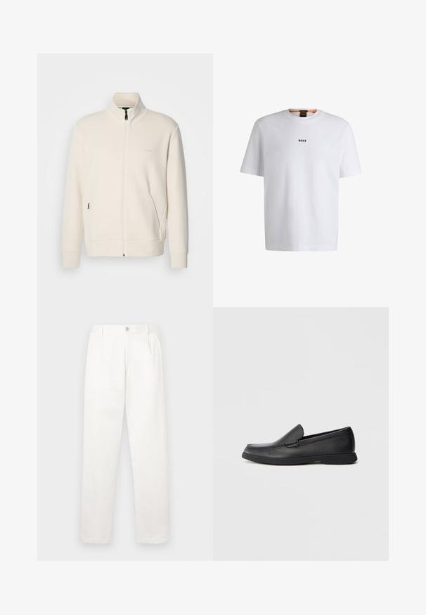 Valkoinen vetoketjullinen takki, jossa on pystykaulus, pitkät hihat, sivutaskut ja huomaamaton "BOSS"-logo vasemmassa rinnassa.; Valkoinen puuvillapaita lyhyillä hihoilla, jossa on musta "BOSS"-logo keskellä rintaa ja pyöreä pääntie.; Valkeat housut, jotka on valmistettu sileästä kankaasta, suoran lahkeiden muotoilun, etupleettien ja vyötäröllä olevan yksittäisen nappikiinnityksen kanssa.; Musta nahkainen liukuvi loafer, jossa on tekstuuripinta, pyöreä kärki, matala korko ja kumipohja, esitelty sivuprofiilissa valkoisella taustalla.
