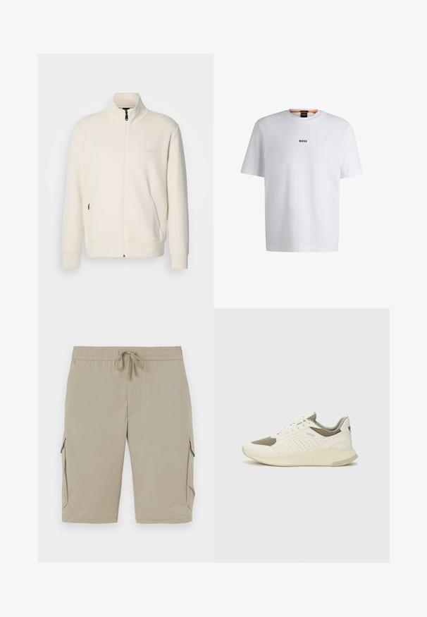 Casaco com fecho éclair em tom off-white, com colarinho elevado, mangas longas, bolsos laterais e um discreto logótipo "BOSS" no lado esquerdo do peito.; T-shirt de algodão branca com mangas curtas, apresentando um logo preto "BOSS" centrado no peito e um design de gola redonda.; Bermuda bege com cintura elástica e cordão. Apresenta bolsos laterais e um tecido liso e leve.; Sapatilha atlética branca e bege claro, com parte superior em malha, detalhes perfurados e uma entressola texturizada com marcação no calcanhar.