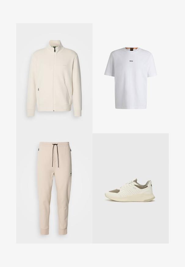 Off-white Zip-Jacke mit Stehkragen, langen Ärmeln, Seitentaschen und dezenter "BOSS"-Logo auf der linken Brust.; Weißes Baumwoll-T-Shirt mit kurzen Ärmeln, ausgestattet mit einem schwarzen "BOSS"-Logo, das mittig auf der Brust platziert ist, und einem runden Halsausschnitt.; Beige Baumwoll-Jogginghosen mit einem Kordelzugbund, schmaler Passform, zwei Seitentaschen und einem kleinen Etikett am linken Oberschenkel. Glatte Textur.; Weiße und hellbeige Sport Sneakers, ausgestattet mit einem Obermaterial aus Netzgewebe, perforierten Details und einer strukturierten Zwischensohle mit Branding an der Ferse.