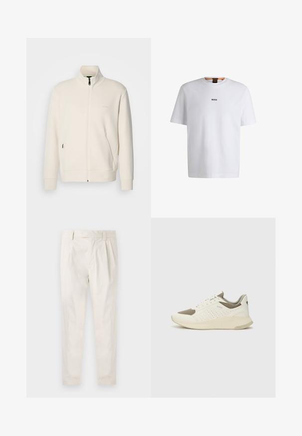 Giacca zip-up bianco sporco con colletto alto, maniche lunghe, tasche laterali e sottile logo "BOSS" sul lato sinistro del petto.; T-shirt bianco in cotone con maniche corte, caratterizzato da un logo nero "BOSS" centrato sul petto e un design con scollo rotondo.; Pantaloni bianchi plissettati con taglio su misura, caratterizzati da una texture liscia, passanti per la cintura e gambe affusolate. Nessuna tasca o motivo visibile.; Sneaker atletica bianca e beige chiaro, con tomaia in mesh, dettagli perforati e una suola intermedia texturizzata con marchio sul tallone.