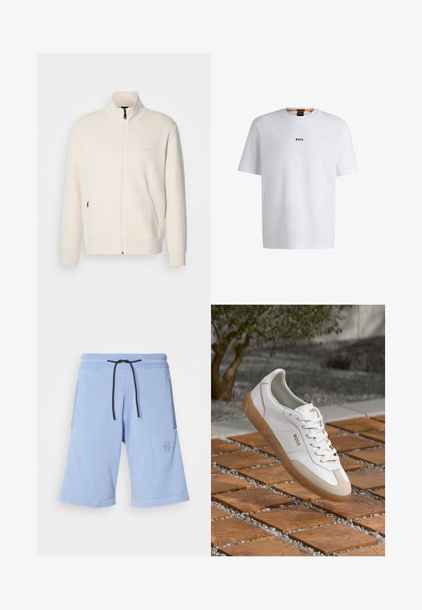 Oficialiai balta zip-up striukė su stovinčia apykakle, ilgomis rankovėmis, šoninėmis kišenėmis ir subtiliu "BOSS" logotipu kairėje krūtinės pusėje.; Balta medvilninė marškinėliai trumpomis rankovėmis, su juodu "BOSS" logotipu, centruotu ant krūtinės, ir apvaliu kaklo dizainu.; Šviesiai mėlynos šortai, pagaminti iš minkštos medžiagos. Turi elastinį juosmenį su juodu raišteliu ir logotipo akcentą šoniniame kišenėje.; Baltos odinės sportinės bateliai su smėlio spalvos zomšos akcentais, turintys apvalų šoną, aulinį užsegimą ir rudą gumos pado dalį, ant kurios matyti prekės ženklas "BOSS."