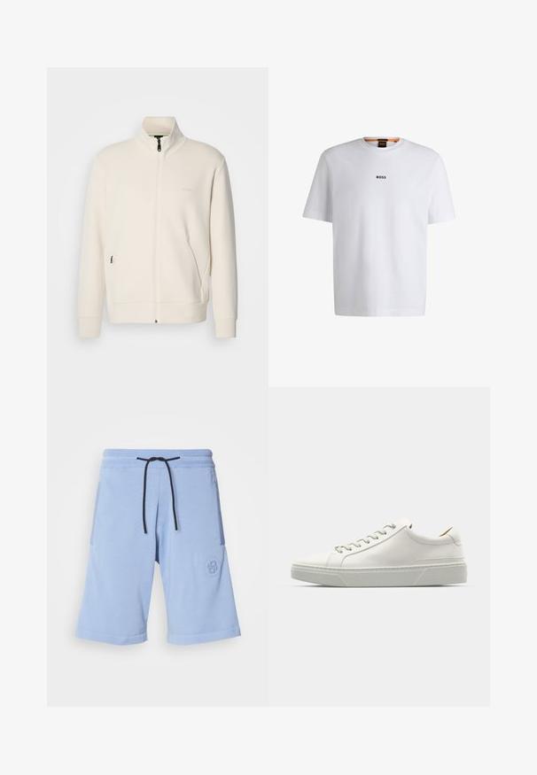 Kreemi värvi lukuga jakk kõrge kraega, pikkade varrukatega, küljetaskutega ja diskreetse "BOSS" logo ka vasakul rinnal.; Valge puuvillane T-särk lühikeste varrukatega, millel on must "BOSS" logo, mis on keskendatud rinnale, ja ümmargune kaelaava disain.; Heledsinised lühikesed püksid, mis on valmistatud pehmest kangast. Omavad elastset vöökohta musta nööriga ja logoga aktsenti küljetaskul.; Valge nahast tennis, millel on ümmargune varvas, minimalistlik disain, hallad paelad ja tekstureeritud hall kummitald. Näha on peeneid õmblusdetailide.