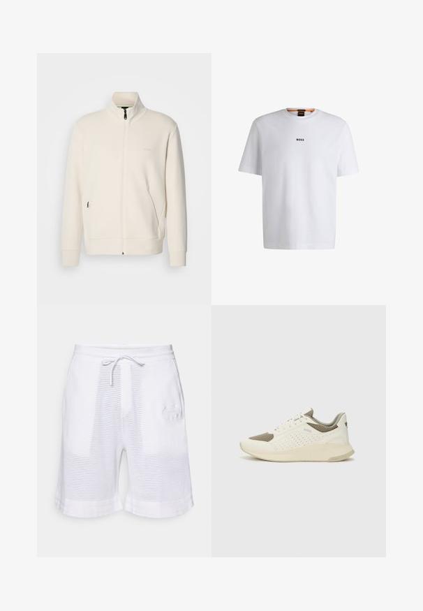 Kreemi värvi lukuga jakk kõrge kraega, pikkade varrukatega, küljetaskutega ja diskreetse "BOSS" logo ka vasakul rinnal.; Valge puuvillane T-särk lühikeste varrukatega, millel on must "BOSS" logo, mis on keskendatud rinnale, ja ümmargune kaelaava disain.; BOSS HERITAGE - Spordišortsid - white; Valge ja heledat beeži värvi spordijalats, millel on õhuke võrkmaterjal, perforatsioonidega detailid ning tekstuuriga vahetald, millel on brändi logo kannaosas.