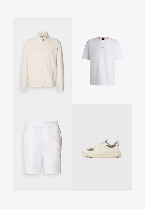 Oficialiai balta zip-up striukė su stovinčia apykakle, ilgomis rankovėmis, šoninėmis kišenėmis ir subtiliu "BOSS" logotipu kairėje krūtinės pusėje.; Balta medvilninė marškinėliai trumpomis rankovėmis, su juodu "BOSS" logotipu, centruotu ant krūtinės, ir apvaliu kaklo dizainu.; Balti šortai, pagaminti iš glotnaus audinio, su mygtukų užsegimu, elastingu juosmeniu ir šoninėmis kišenėmis. Paprastas, tiesus kojų dizainas.; Baltas ir šviesiai bežinis sportinis kedas, su tinklo viršumi, perforuotais detalėmis ir tekstūruotu tarpine su logotipu ant kulno.
