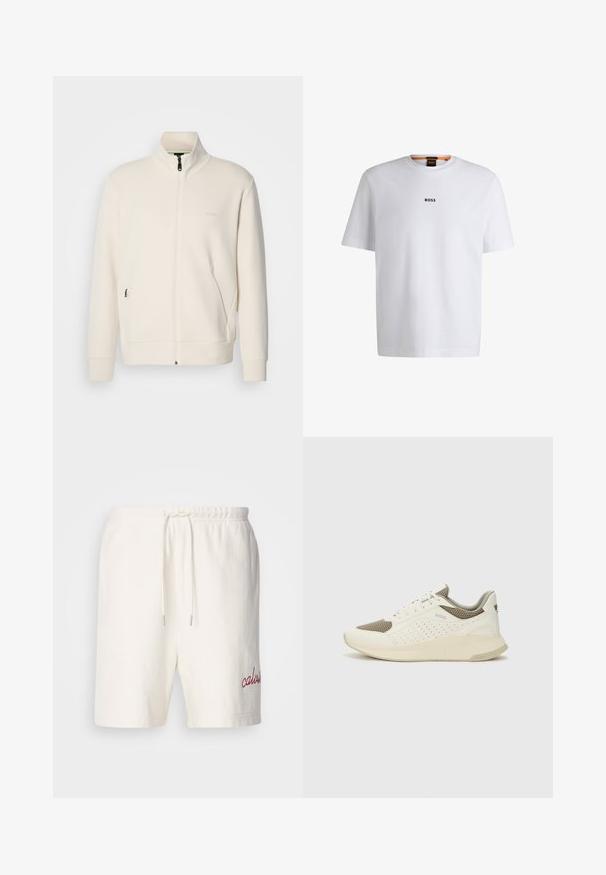 Off-white zip-up jacket with stand collar, long sleeves, side pockets, and subtle "BOSS" logo on the left chest.; White cotton T-shirt with short sleeves, featuring a black "BOSS" logo centered on the chest and a round neck design.; White cotton shorts with an elastic waistband and drawstring. Features red embroidered "calvin" on the left leg. Soft texture, simple design.; White and light beige athletic sneaker, featuring a mesh upper, perforated detailing, and a textured midsole with branding on the heel.