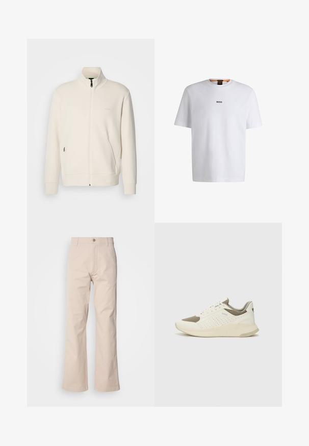 Krémová zipová bunda s vysokým límcem, dlouhými rukávy, bočními kapsami a jemným logem "BOSS" na levé části hrudi.; Bílý bavlněný tričko s krátkým rukávem, se středovým černým logem "BOSS" na hrudi a kulatým výstřihem.; Béžové bavlněné kalhoty s rovnými nohavicemi, mají zapínání na knoflíky, přední kapsy a minimální detaily šití.; Bílé a světle béžové atletické tenisky, které mají síťovaný svršek, perforované detaily a texturovanou mezipodešev s logem na patě.