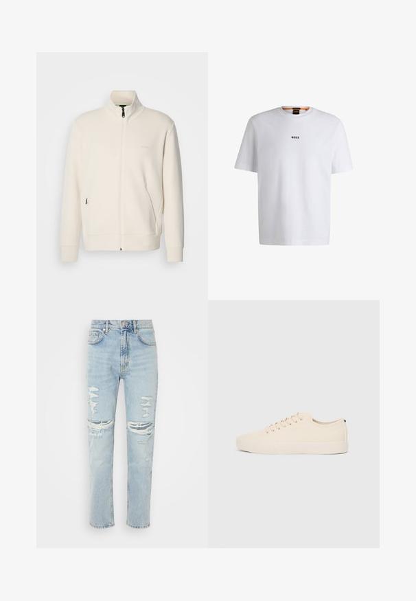 Oficialiai balta zip-up striukė su stovinčia apykakle, ilgomis rankovėmis, šoninėmis kišenėmis ir subtiliu "BOSS" logotipu kairėje krūtinės pusėje.; Balta medvilninė marškinėliai trumpomis rankovėmis, su juodu "BOSS" logotipu, centruotu ant krūtinės, ir apvaliu kaklo dizainu.; Šviesiai mėlyni džinsai su tiesiomis kojomis, su nupjaustytais ir dideliais įplyšimais ant kelių. Klasikinis penkių kišenių dizainas su metaline sagtele.; Šviesiai rudos drobės sportbačiai su apvalia nosimi, plokščiu guminiu padu ir raišteliais priekyje. Pasižymi minimalizmu ir juodu akcentu kulne.