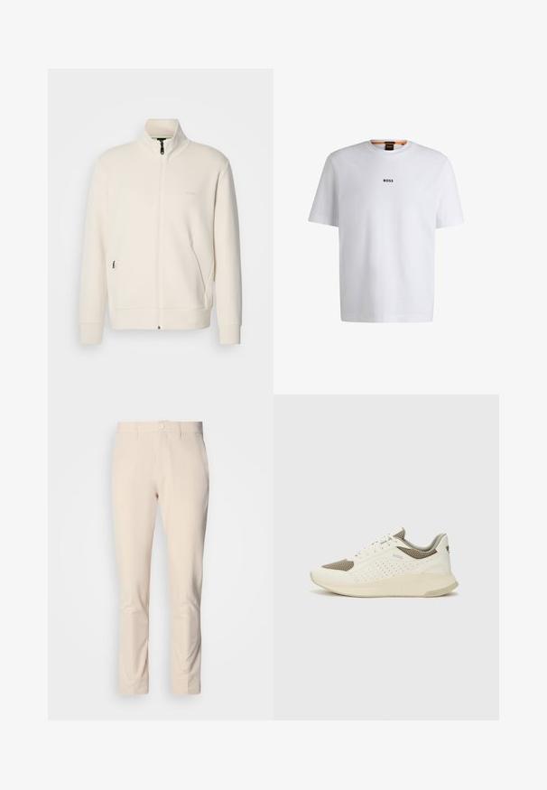 Off-white zip-up jakna s stoječim ovratnikom, dolgimi rokavi, stranskimi žepi in subtilnim logotipom "BOSS" na levem prsnem delu.; Bela bomba iz bombaža s kratkimi rokavi, ki ima črni logotip "BOSS" na sredini prsnega dela in okroglo obliko ovratnika.; Bež slim-fit hlače s gumbom, z pasom na zanke in sprednjimi žepi, prikazane na enostavni beli podlagi.; Beli in svetlo bež športni copat, s mrežastim zgornjim delom, perforiranimi detajli in teksturirano srednjim delom z blagovno znamko na peti.