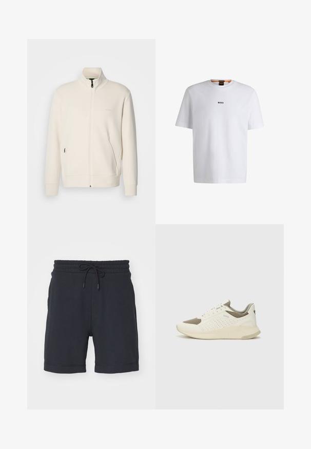 Casaco com fecho éclair em tom off-white, com colarinho elevado, mangas longas, bolsos laterais e um discreto logótipo "BOSS" no lado esquerdo do peito.; T-shirt de algodão branca com mangas curtas, apresentando um logo preto "BOSS" centrado no peito e um design de gola redonda.; Calções azul-marinho com cintura elástica e cordão ajustável, apresentando uma textura suave e uma bainha padrão.; Sapatilha atlética branca e bege claro, com parte superior em malha, detalhes perfurados e uma entressola texturizada com marcação no calcanhar.