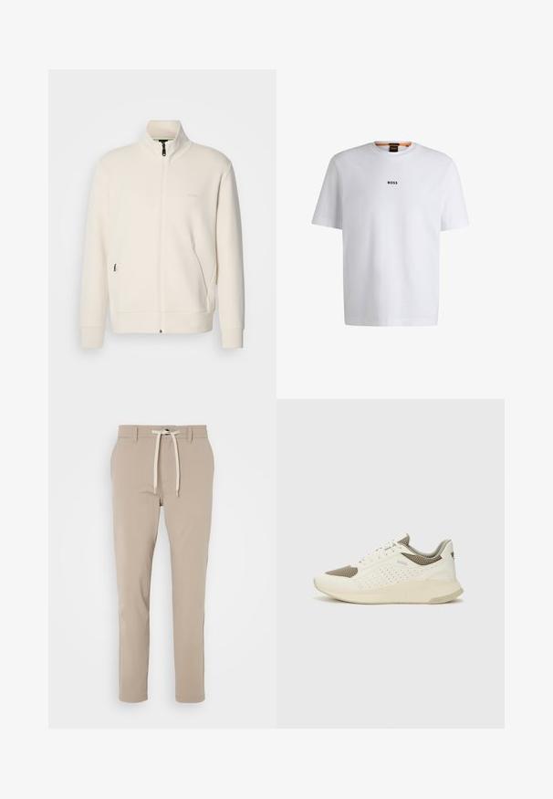 Off-white zip-up jacket with stand collar, long sleeves, side pockets, and subtle "BOSS" logo on the left chest.; White cotton T-shirt with short sleeves, featuring a black "BOSS" logo centered on the chest and a round neck design.; BOSS TAPERED - Trousers - light beige; White and light beige athletic sneaker, featuring a mesh upper, perforated detailing, and a textured midsole with branding on the heel.