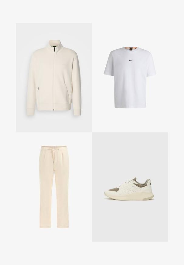 Jakna boje off-white s patentnim zatvaračem, stajaćim ovratnikom, dugim rukavima, bočnim džepovima i suptilnim logotipom "BOSS" na lijevoj strani prsnog koša.; Bijela pamučna majica kratkih rukava, s crnim logotipom "BOSS" centriranim na prsima i okruglim izrezom.; Bež trenirke od mekog materijala s elastičnim pojasom, vezicom i bočnim džepovima. Dizajn ravnih nogavica s glatkom teksturom.; Bijele i svijetlosmeđe sportske tenisice, sa mrežastim gornjim dijelom, perforiranim detaljima i teksturiranim međutrakom sa brendom na peti.