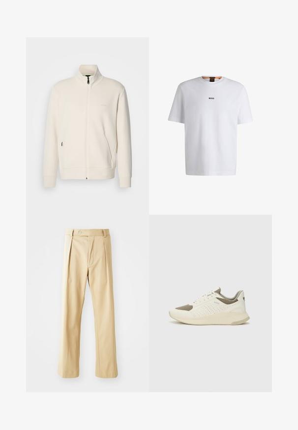 Hosszú ujjú, álló galléros, krémfehér cipzáras dzseki, oldalsó zsebekkel és diszkrét "BOSS" logóval a bal mellrészen.; Fehér pamut póló rövid ujjakkal, középen fekete "BOSS" logóval a mellkason és kerek nyakú kialakítással.; Beige színű, egyenes szabású nadrág, elöl pliszírozott, gombbal záródik, sima textúrájú. Nincsenek látható minták vagy díszítések.; Fehér és világos bézs sportcipő, légies hálós felsőrésszel, perforált részletekkel és texturált középtalppal, amelyen a saroknál a márka logója található.