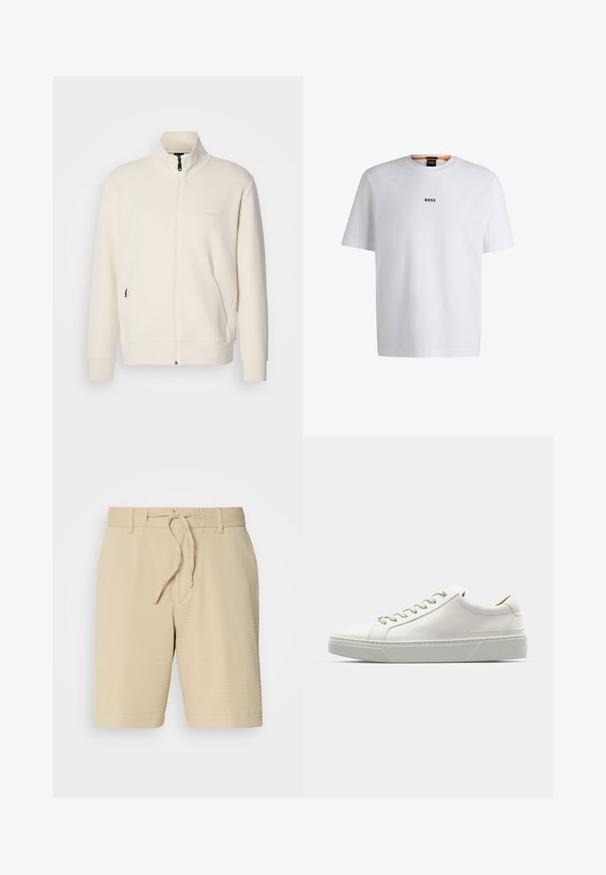 Off-white zip-up jacket with stand collar, long sleeves, side pockets, and subtle "BOSS" logo on the left chest.; White cotton T-shirt with short sleeves, featuring a black "BOSS" logo centered on the chest and a round neck design.; Beige shorts made of textured fabric, featuring an elastic waistband with a drawstring and side pockets for functionality.; White leather sneaker with a rounded toe, minimalist design, grey laces, and a textured grey rubber sole. Subtle stitching details visible.