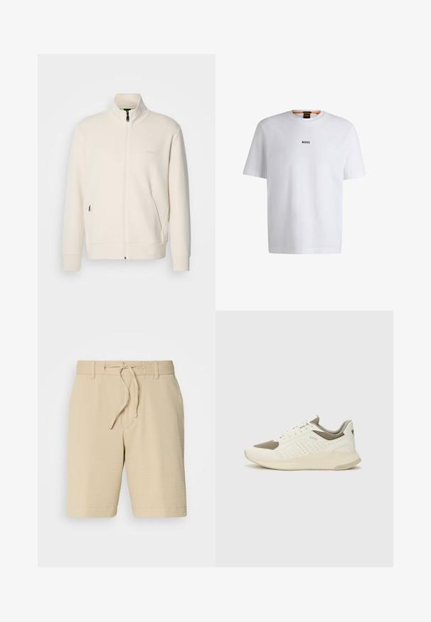 Krémová bunda na zips so stojatým golierom, dlhými rukávmi, bočnými vreckami a jemným logom "BOSS" na ľavej hrudi.; Biela bavlnená tričko s krátkymi rukávmi, na prednej strane so stredne umiestneným čiernym logom "BOSS" a okrúhlym výstrihom.; Béžové šortky vyrobené z textúrovaného materiálu, s elastickým pásom a stiahnuťom a bočnými vreckami pre funkčnosť.; Biele a svetlo béžové športové tenisky s hornou časťou z mriežkového materiálu, perforovanými detailmi a textúrovanou medzipodrážkou s logom na päte.