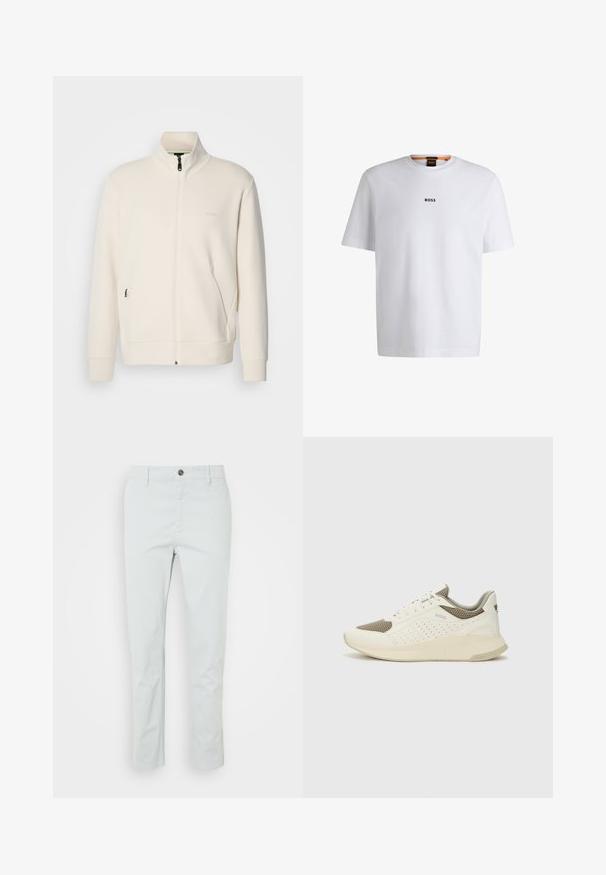 Casaco com fecho éclair em tom off-white, com colarinho elevado, mangas longas, bolsos laterais e um discreto logótipo "BOSS" no lado esquerdo do peito.; T-shirt de algodão branca com mangas curtas, apresentando um logo preto "BOSS" centrado no peito e um design de gola redonda.; Calças de algodão verde-claro com um corte reto, apresentando um fecho frontal com botão e bolsos laterais. Textura suave, sem padrões visíveis.; Sapatilha atlética branca e bege claro, com parte superior em malha, detalhes perfurados e uma entressola texturizada com marcação no calcanhar.