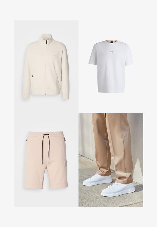 Off-white zip-up jacket with stand collar, long sleeves, side pockets, and subtle "BOSS" logo on the left chest.; White cotton T-shirt with short sleeves, featuring a black "BOSS" logo centered on the chest and a round neck design.; Light beige shorts with an elastic waistband, black drawstring, two side zip pockets, and a small logo patch on the left leg.; White leather sneakers with a smooth finish, round toes, white laces, and a minimalist design. Worn with light brown, tapered pants.
