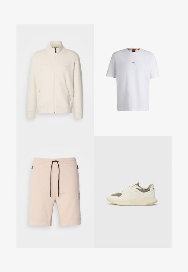 Off-white krūškurvja jaka ar uzacīšu apkakli, garām piedurknēm, sānu kabatām un diskrētu "BOSS" logo uz kreisā krūškurvja.; Balta kokvilnas T-kreklu ar īsām piedurknēm, ar melnu "BOSS" logotipu centrā uz krūšu un apļa formas kakla dizainu.; Gai beige šorti ar elastīgu jostu, melnu aukliņu, divām sānu rāvējslēdzēja kabatām un nelielu logo uzšuvumu uz kreisās kājas.; Baltas un gaiši bež sporta apavi, ar sieta augšdaļu, perforētiem detaļām un teksturētu vidusdaļu ar zīmolu uz papēža.
