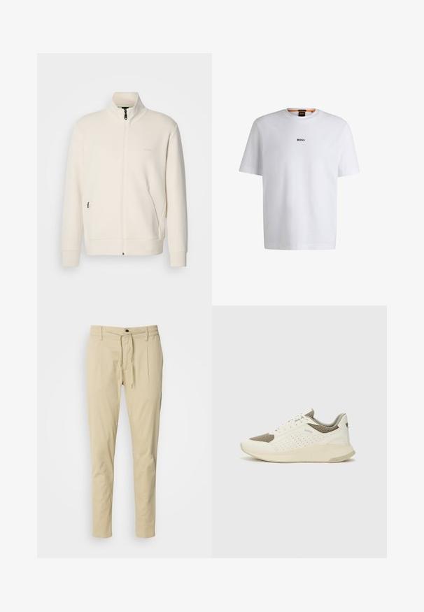 Hosszú ujjú, álló galléros, krémfehér cipzáras dzseki, oldalsó zsebekkel és diszkrét "BOSS" logóval a bal mellrészen.; Fehér pamut póló rövid ujjakkal, középen fekete "BOSS" logóval a mellkason és kerek nyakú kialakítással.; Beige, slim fit pamut keverék anyagból készült nadrág. Rugalmas derékpánt, húzószárral, két elülső plisszével és egyenes lábakkal.; Fehér és világos bézs sportcipő, légies hálós felsőrésszel, perforált részletekkel és texturált középtalppal, amelyen a saroknál a márka logója található.