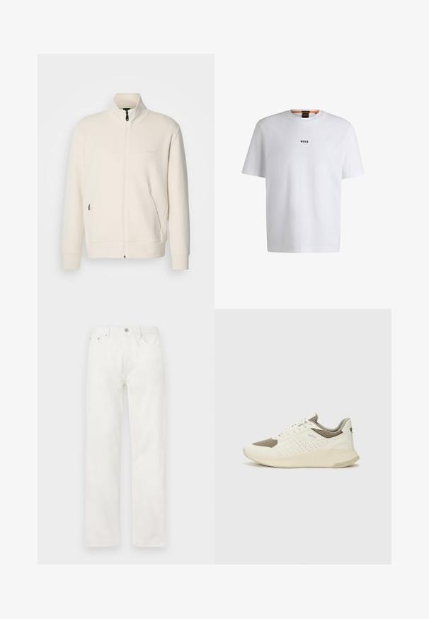 Off-white zip-up jacket with stand collar, long sleeves, side pockets, and subtle "BOSS" logo on the left chest.; White cotton T-shirt with short sleeves, featuring a black "BOSS" logo centered on the chest and a round neck design.; White denim jeans with a straight leg, button and zipper closure, five-pocket design, and no visible patterns or accents.; White and light beige athletic sneaker, featuring a mesh upper, perforated detailing, and a textured midsole with branding on the heel.