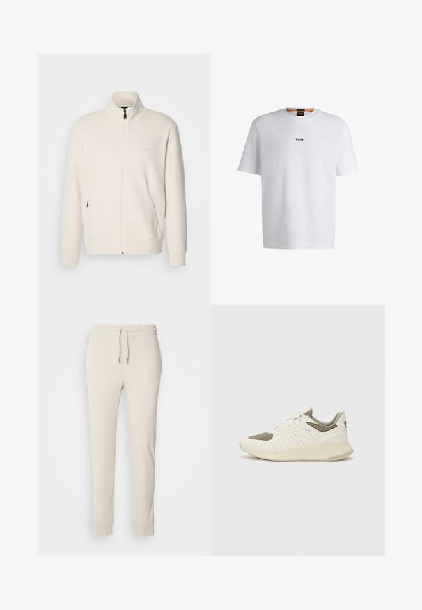 Off-white krūškurvja jaka ar uzacīšu apkakli, garām piedurknēm, sānu kabatām un diskrētu "BOSS" logo uz kreisā krūškurvja.; Balta kokvilnas T-kreklu ar īsām piedurknēm, ar melnu "BOSS" logotipu centrā uz krūšu un apļa formas kakla dizainu.; Beige ievelītes sporta bikses ar elastīgu jostu un regulējamu auklu. Mīksta tekstūra, ribota apkakle un sānu kabatas.; Baltas un gaiši bež sporta apavi, ar sieta augšdaļu, perforētiem detaļām un teksturētu vidusdaļu ar zīmolu uz papēža.