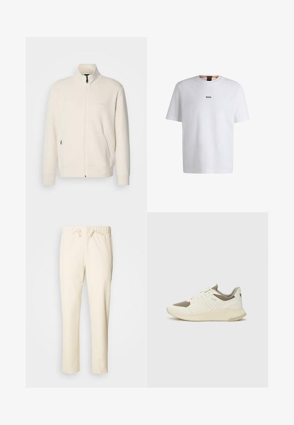 Off-white krūškurvja jaka ar uzacīšu apkakli, garām piedurknēm, sānu kabatām un diskrētu "BOSS" logo uz kreisā krūškurvja.; Balta kokvilnas T-kreklu ar īsām piedurknēm, ar melnu "BOSS" logotipu centrā uz krūšu un apļa formas kakla dizainu.; Gai bežs brīvi iegriezti bikses, izgatavotas no mīkstas auduma, ar elastīgu jostu un auklu, kā arī sānu kabatām.; Baltas un gaiši bež sporta apavi, ar sieta augšdaļu, perforētiem detaļām un teksturētu vidusdaļu ar zīmolu uz papēža.