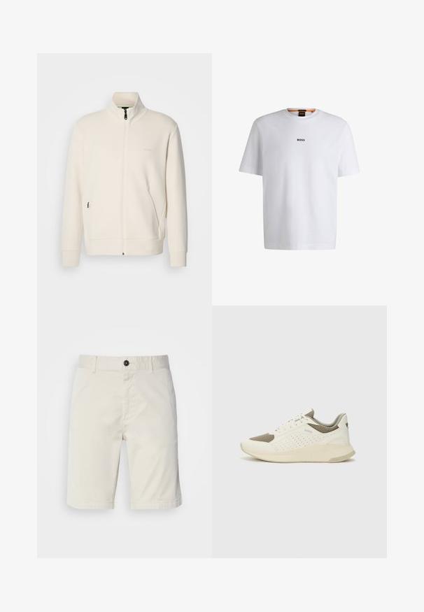 Off-white krūškurvja jaka ar uzacīšu apkakli, garām piedurknēm, sānu kabatām un diskrētu "BOSS" logo uz kreisā krūškurvja.; Balta kokvilnas T-kreklu ar īsām piedurknēm, ar melnu "BOSS" logotipu centrā uz krūšu un apļa formas kakla dizainu.; Gai bēšas šorti, izgatavoti no kokvilnas, ar pogu aizdari, priekšējām kabatām un izšūtu apakšmalu. Gluda tekstūra un ikdienišķs dizains.; Baltas un gaiši bež sporta apavi, ar sieta augšdaļu, perforētiem detaļām un teksturētu vidusdaļu ar zīmolu uz papēža.