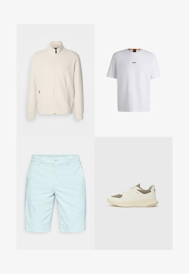 Off-white zip-up jakna s stoječim ovratnikom, dolgimi rokavi, stranskimi žepi in subtilnim logotipom "BOSS" na levem prsnem delu.; Bela bomba iz bombaža s kratkimi rokavi, ki ima črni logotip "BOSS" na sredini prsnega dela in okroglo obliko ovratnika.; Svetlo modre kratke hlače iz mehkega blaga, z zavihkom na gumbe, zankami za pas in ravnim krojem. Spredaj ni vidnih žepov.; Beli in svetlo bež športni copat, s mrežastim zgornjim delom, perforiranimi detajli in teksturirano srednjim delom z blagovno znamko na peti.
