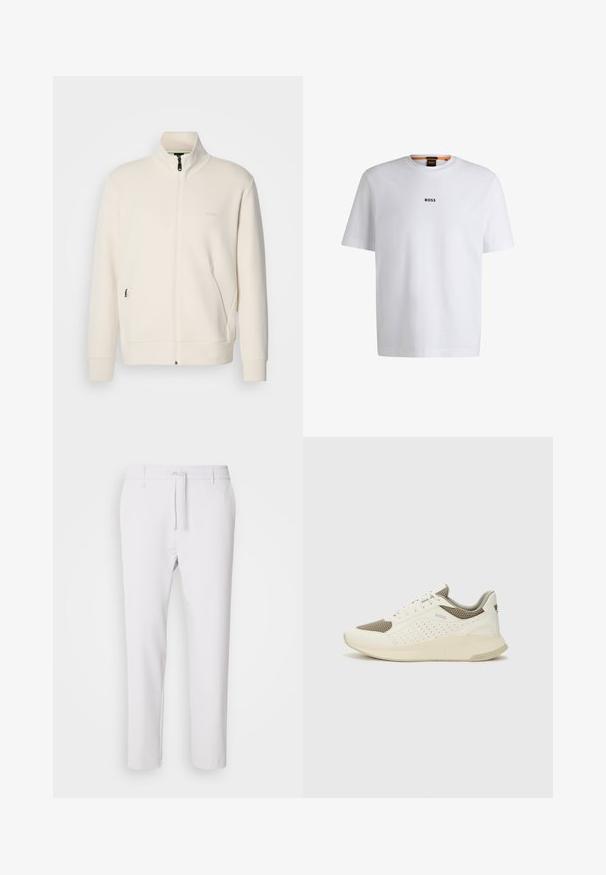Off-white zip-up jakna s stoječim ovratnikom, dolgimi rokavi, stranskimi žepi in subtilnim logotipom "BOSS" na levem prsnem delu.; Bela bomba iz bombaža s kratkimi rokavi, ki ima črni logotip "BOSS" na sredini prsnega dela in okroglo obliko ovratnika.; Bele podolžne hlače z elastičnim pasom, z vrvico za zapiranje, gladko teksturo in brez vidnih vzorcev ali dodatkov.; Beli in svetlo bež športni copat, s mrežastim zgornjim delom, perforiranimi detajli in teksturirano srednjim delom z blagovno znamko na peti.