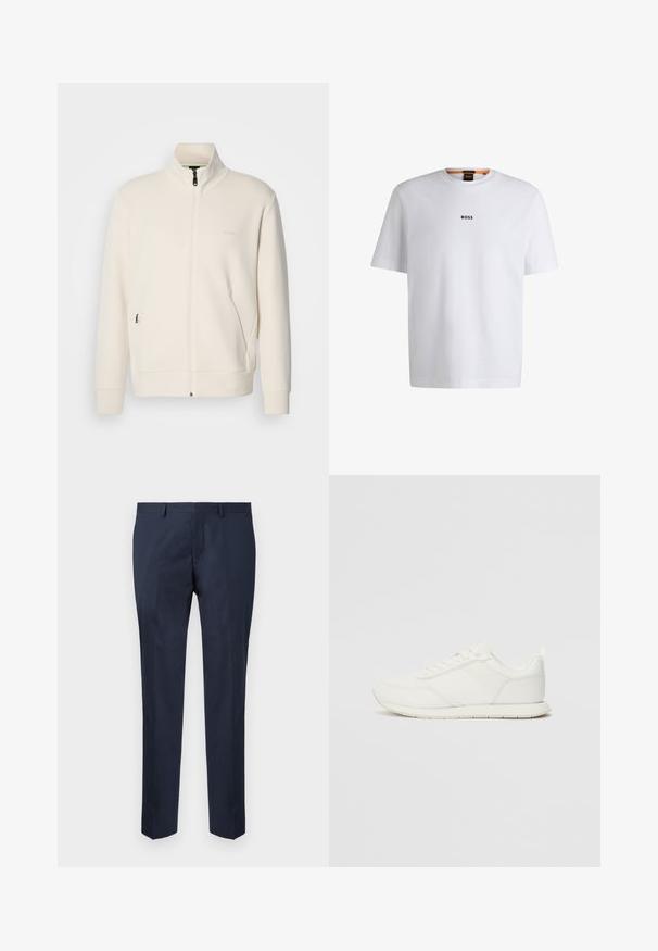 Casaco com fecho éclair em tom off-white, com colarinho elevado, mangas longas, bolsos laterais e um discreto logótipo "BOSS" no lado esquerdo do peito.; T-shirt de algodão branca com mangas curtas, apresentando um logo preto "BOSS" centrado no peito e um design de gola redonda.; Calças ajustadas em azul-marinho, feitas de um tecido suave. Apresentam um design de perna reta com frente lisa e bolsos laterais.; Sapatilha branca com parte superior em malha e sintético, bico arredondado, atacadores planos e uma faixa lateral texturizada. Sola em borracha com uma alça na parte de trás.