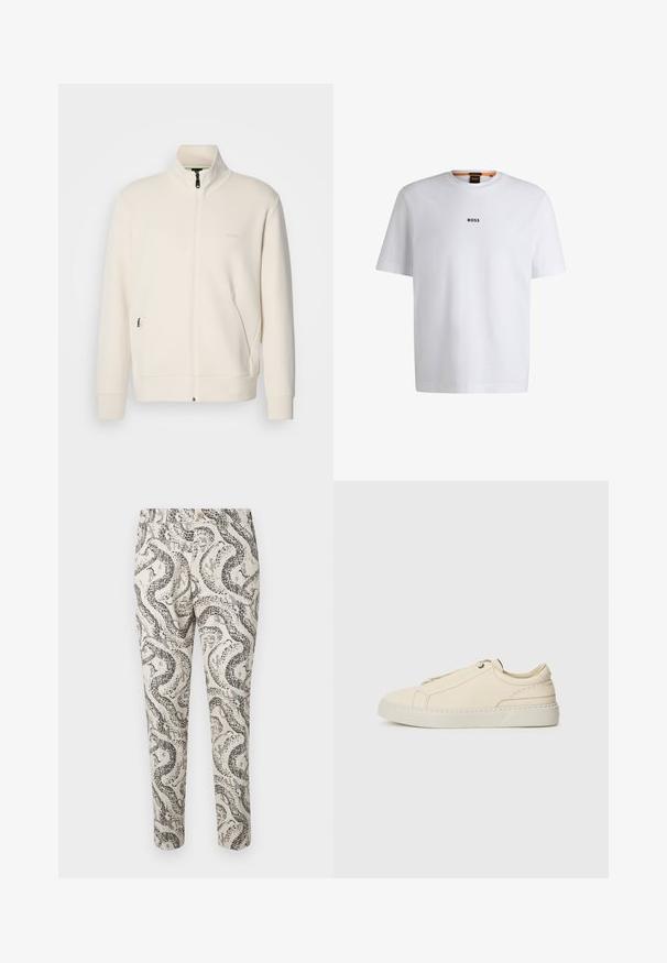 Off-white zip-up jacket with stand collar, long sleeves, side pockets, and subtle "BOSS" logo on the left chest.; White cotton T-shirt with short sleeves, featuring a black "BOSS" logo centered on the chest and a round neck design.; Patterned trousers featuring a snake design in black and gray on a light beige background, with a button closure and slim fit.; Beige leather sneaker with a rounded toe, minimalistic design, subtle stitching details, and a textured upper, on a light sole.